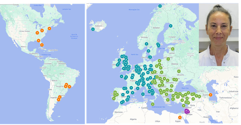 Universitäten und Firmen in der COST Aktion und Action Chair Sandrine Dubrac. Die COST-Aktion mit dem Namen NETSKINMODELS umfasst mehr als 500 TeilnehmerInnen in Forschungslaboratorien, Krankenhäuser, Veterinärzentren und Nichtregierungsorganisationen (NGOs) in 47 europäischen Ländern (rechts). Außerdem haben sich 20 Industriepartner dem Netzwerk angeschlossen.