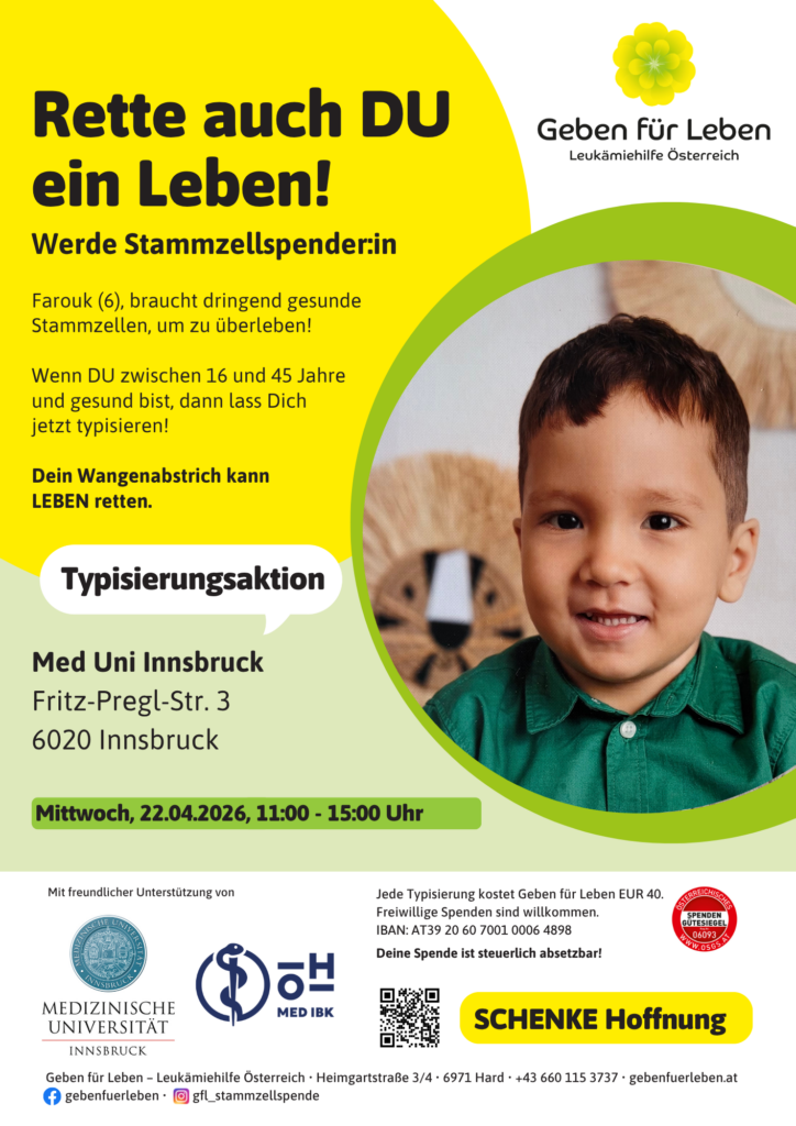 Flyer mit Hinweis auf Typsieriungsaktion in der Med Uni Innsbruck, Fritz-Pregl-Str. 3 am 22.4. von 11-15 Uhr